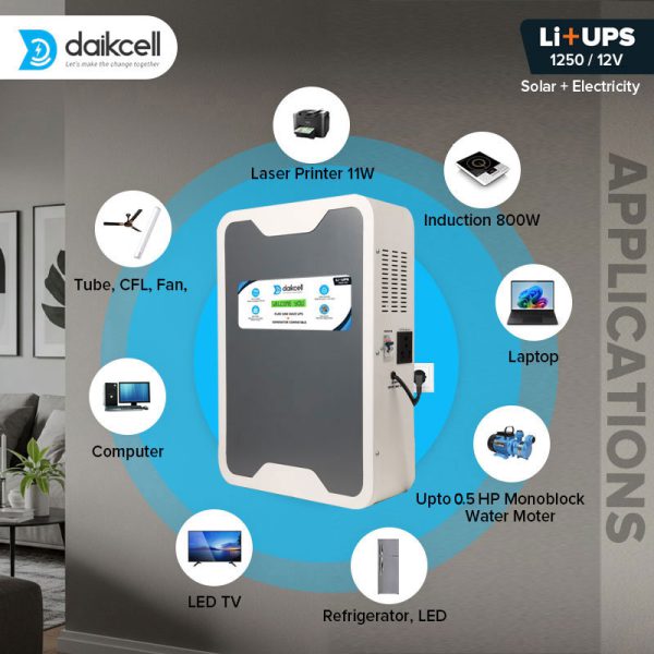 daikcell 3 in 1 inbuilt Lithium-ion Inverter Battery for Home | Solar+Electricity Charging | Pure Sinewave 1100VA/12V | 1280Wh with 15 Year Life | Wall-Mountable | 5 Year Replacement Warranty - 1KVA