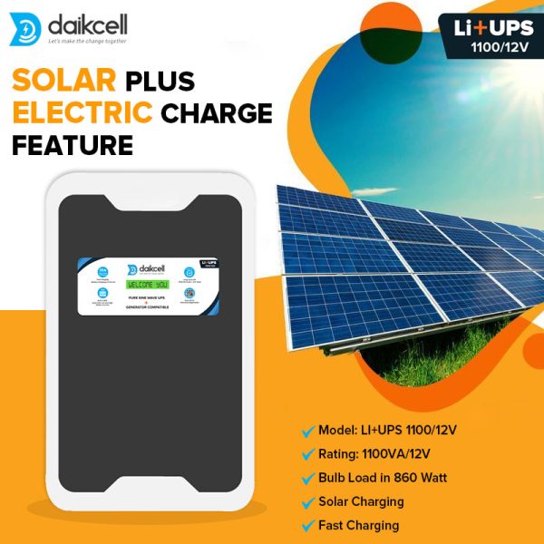 Li+UPS 1280 | Solar+Electricity Charging Pure Sinewave 1100 VA/12V with 1280 Wh inbuilt Lithium-ion Battery with Upto 13.6 Year Life | Wall-Mountable with 5 Year Replacement Warranty - Li1280