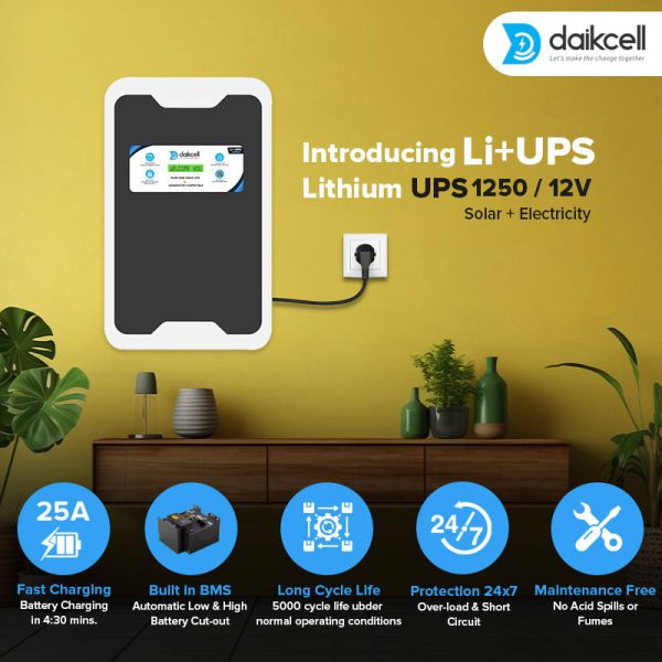 daikcell 3 in 1 inbuilt Lithium-ion Inverter Battery for Home | Solar+Electricity Charging | Pure Sinewave 1100VA/12V | 1280Wh with 15 Year Life | Wall-Mountable | 5 Year Replacement Warranty - 1KVA