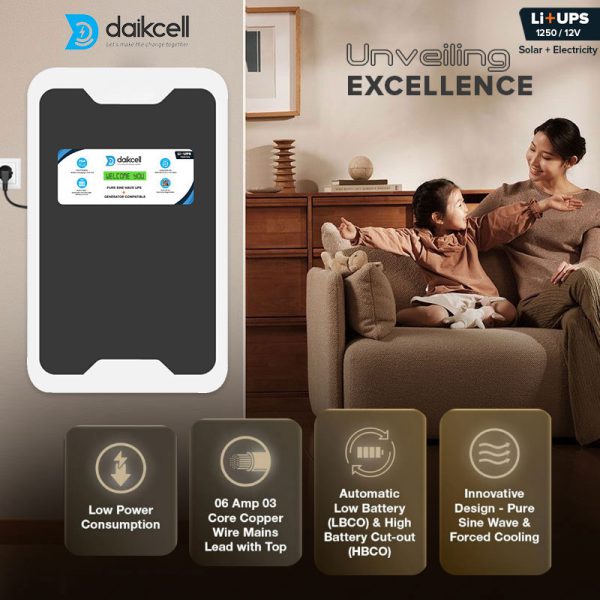 daikcell 3 in 1 inbuilt Lithium-ion Inverter Battery for Home | Solar+Electricity Charging | Pure Sinewave 1100VA/12V | 1280Wh with 15 Year Life | Wall-Mountable | 5 Year Replacement Warranty - 1KVA