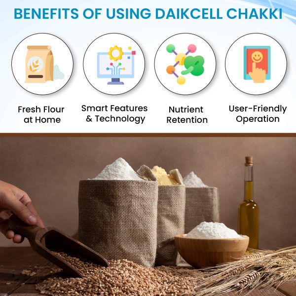 daikcell Fully Automatic Domestic Flour Mill Machine - 1HP COPPER Motor, 8-10 Kg/Hr Capacity, Stainless Steel Hopper, Low Voltage Operation (175V), Multi-Grain Grinding - 5 Year Warranty