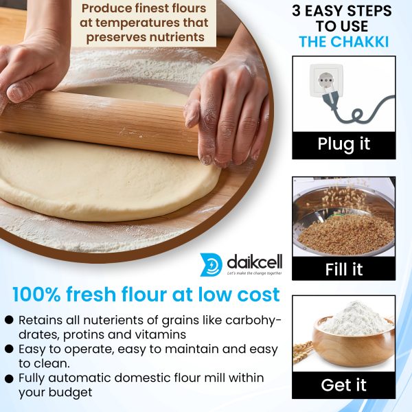 daikcell Fully Automatic Domestic Flour Mill Machine - 1HP COPPER Motor, 8-10 Kg/Hr Capacity, Stainless Steel Hopper, Low Voltage Operation (175V), Multi-Grain Grinding - 5 Year Warranty