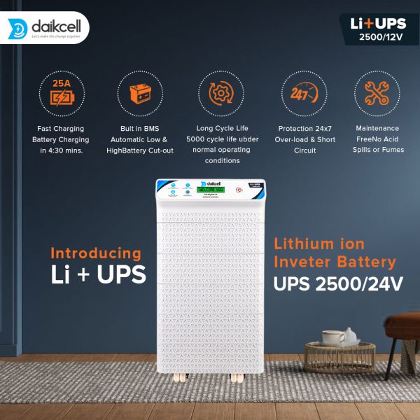 daikcell 2 in 1 inbuilt Lithium-ion Inverter Battery  | Pure Sinewave 2500 VA/24V | 2560 Wh with Upto 13.6 Year Life | 5 Year Replacement Warranty - 2.5KVA ( Runs Even 1 HP Motor )